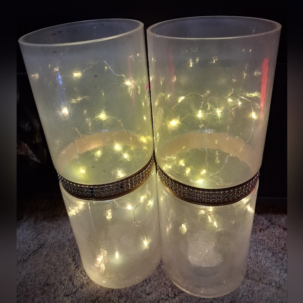 14" Glass Cylinders LED Lights Gold Accents Elements Wedding Decor Centerpieces